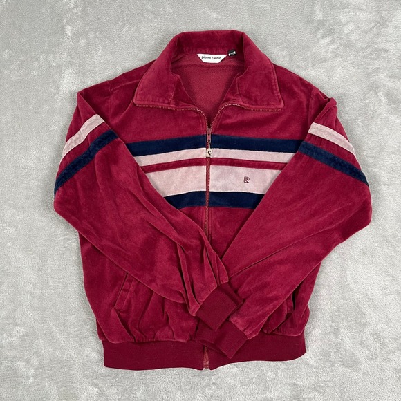 Vintage Pierre Cardin Velour Track Large Jacket Burgundy Stripe Made in USA '80s - Picture 2 of 11